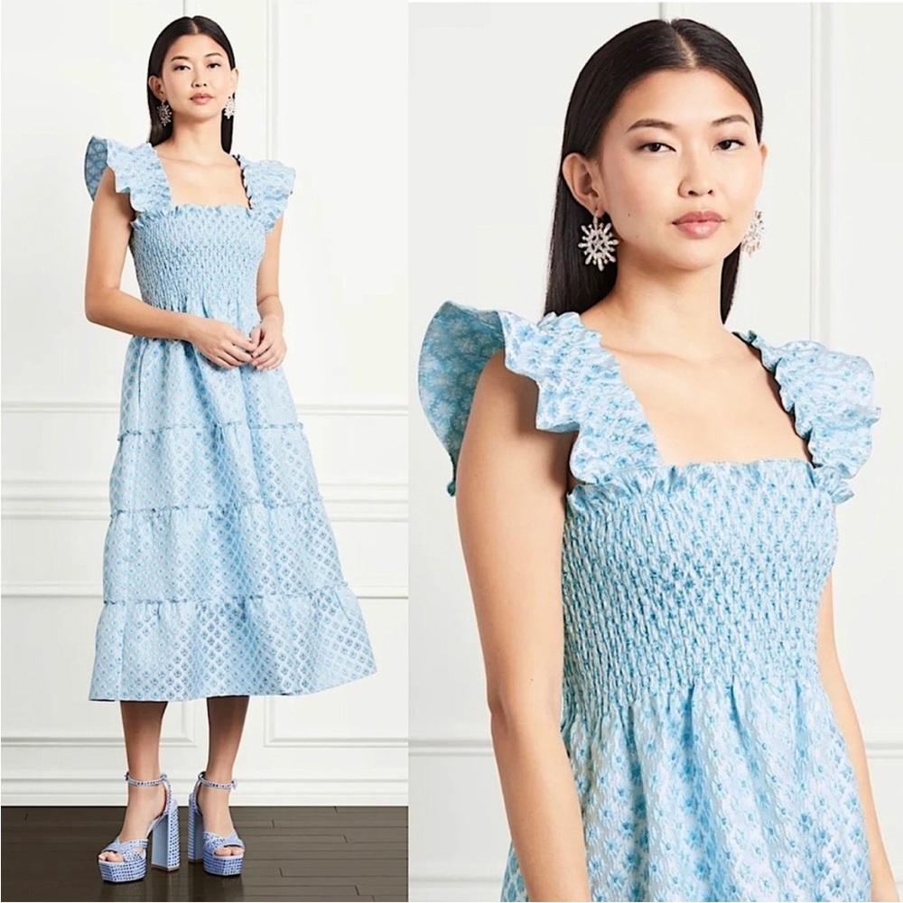NWT HILL HOUSE Shimmer Floral Embroidery Brocade Square Neck Ruffle Nap Dress XS